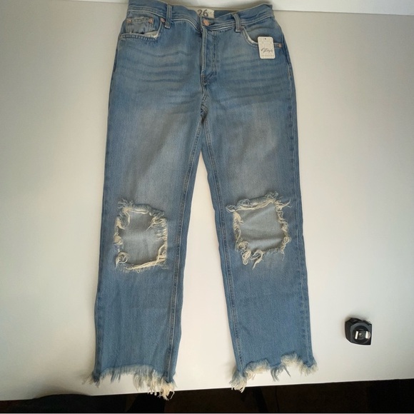 Free People Maggie Mid-Rise Straight-Leg Jeans light stone Wash Sz 26 - Picture 3 of 17